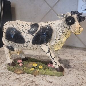 Crackled Finish Cow Figurine - Black and White